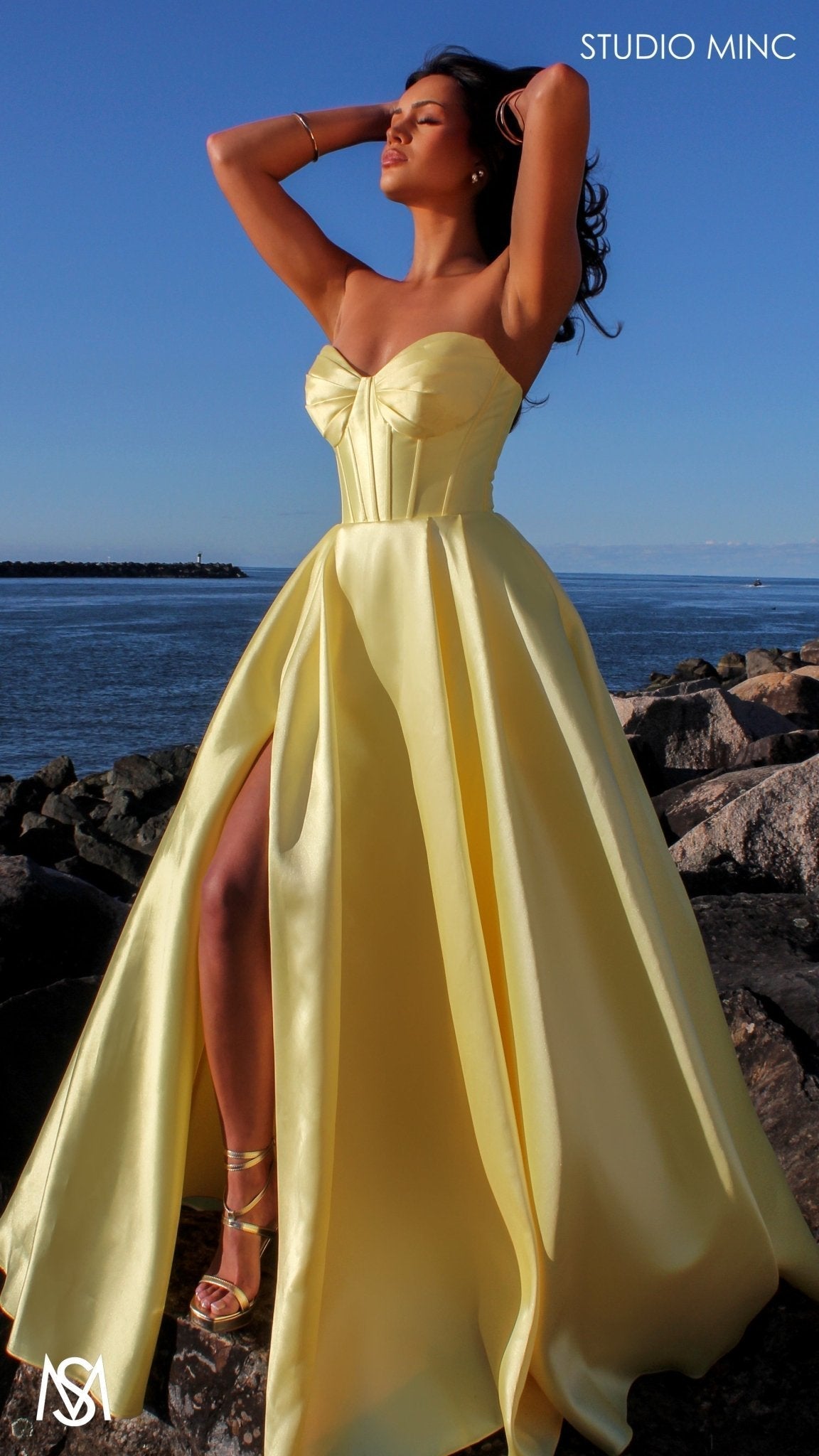 Capri - Yellow Formal Dress, satin strapless boned corset lace up gown pockets leg slit