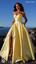 Capri - Yellow Formal Dress, satin strapless boned corset lace up gown pockets leg slit