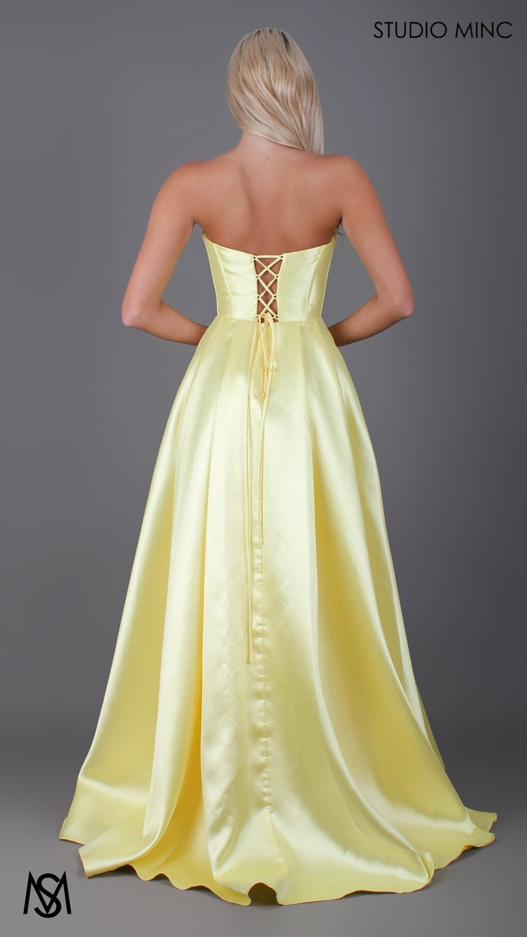 Capri - Yellow Formal Dress, satin strapless boned corset lace up gown pockets leg slit