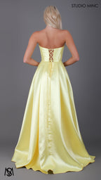 Capri - Yellow Formal Dress, satin strapless boned corset lace up gown pockets leg slit