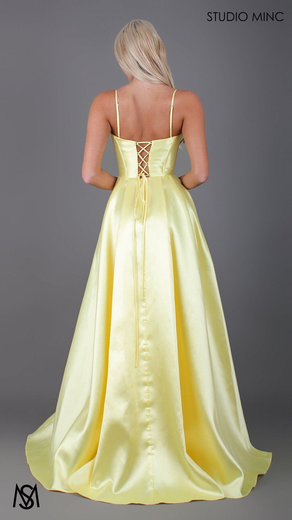Capri - Yellow Formal Dress, satin strapless boned corset lace up gown pockets leg slit