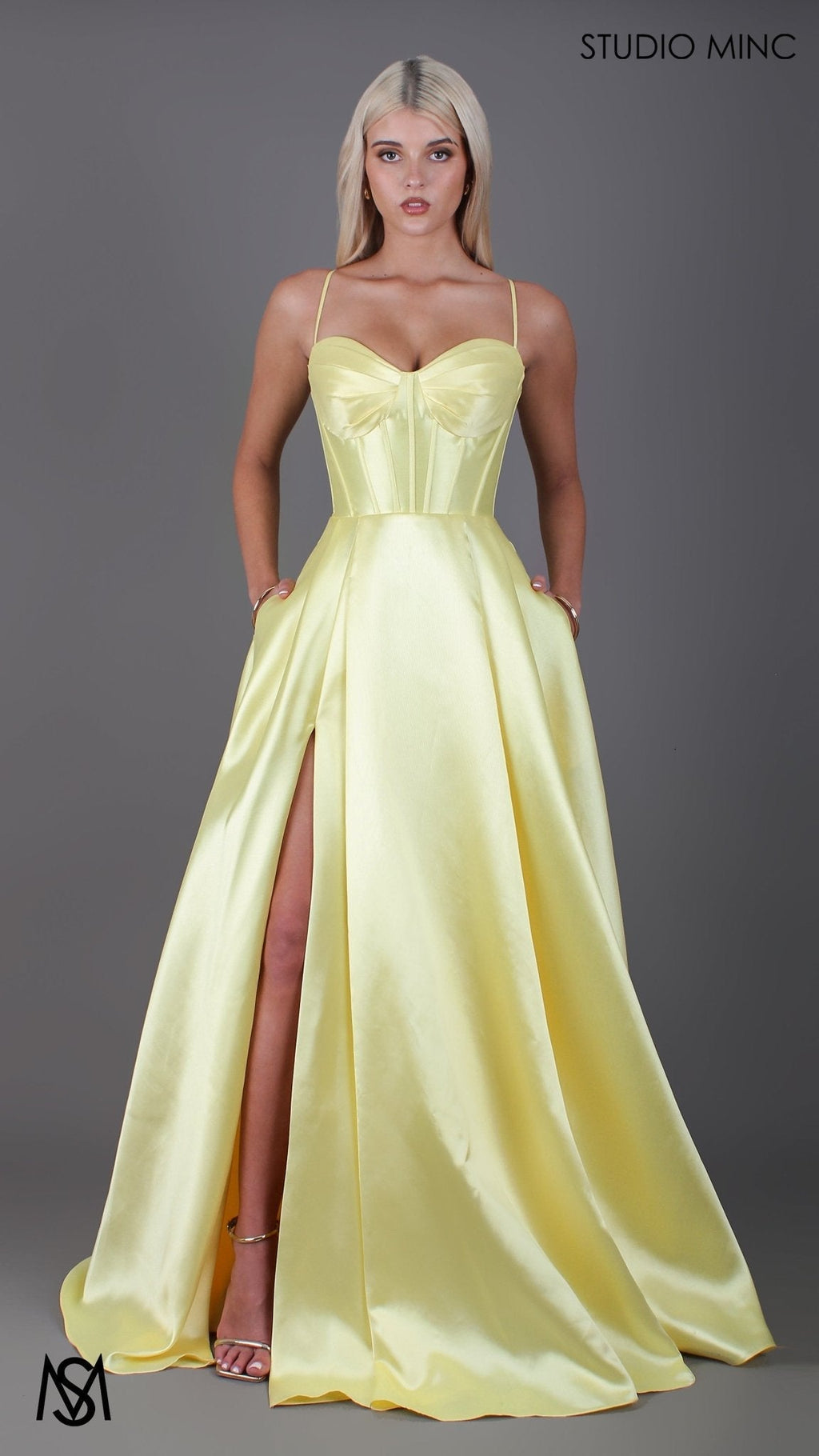Capri - Yellow Formal Dress, satin strapless boned corset lace up gown pockets leg slit