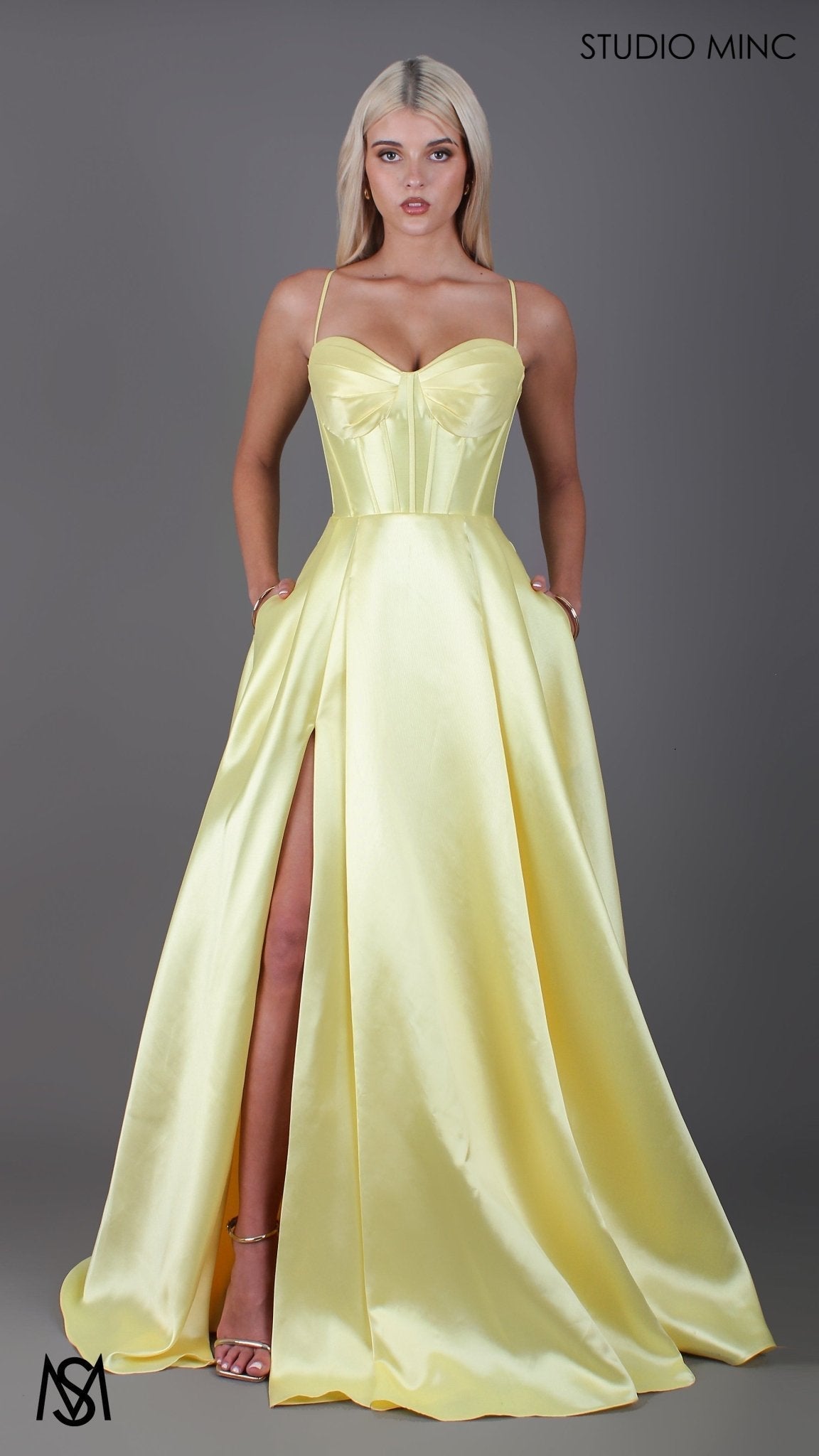 Capri - Yellow Formal Dress, satin strapless boned corset lace up gown pockets leg slit