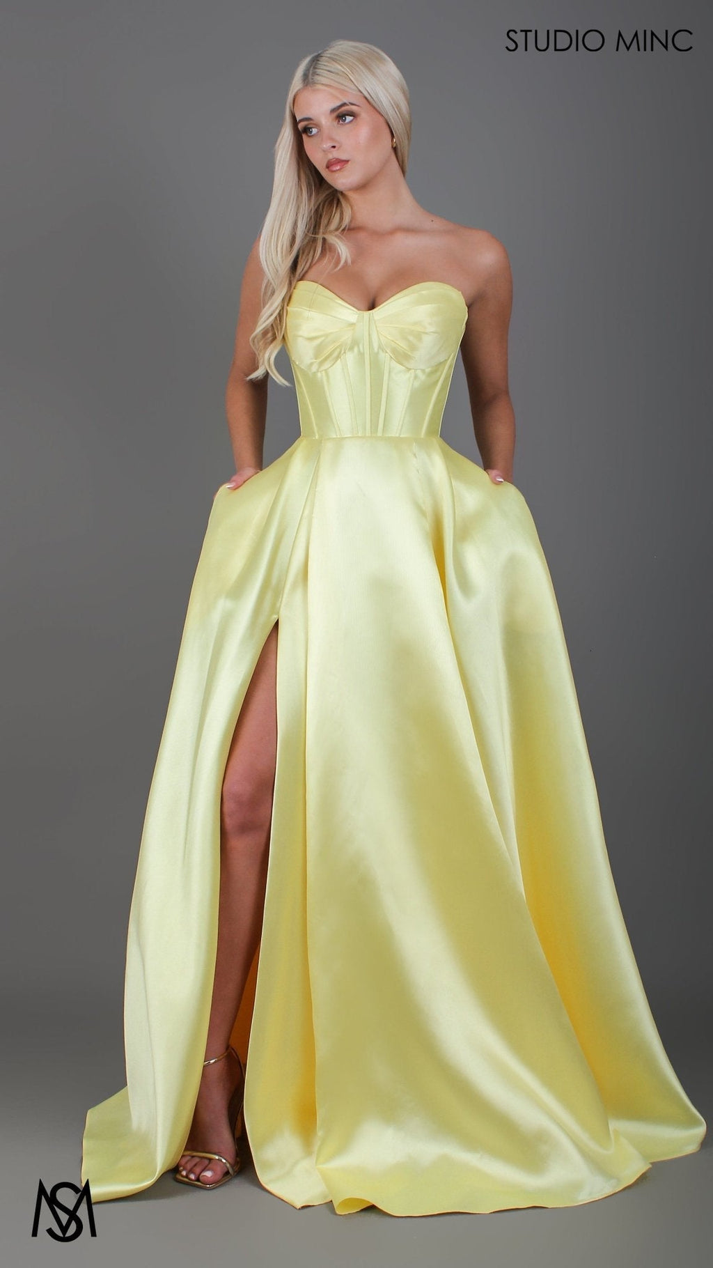 Capri - Yellow Formal Dress, satin strapless boned corset lace up gown pockets leg slit