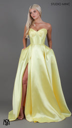 Capri - Yellow Formal Dress, satin strapless boned corset lace up gown pockets leg slit