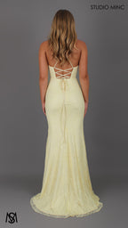 Fleur - Yellow Formal Dress, Lace V neckline lace up backless, fitted high leg slit