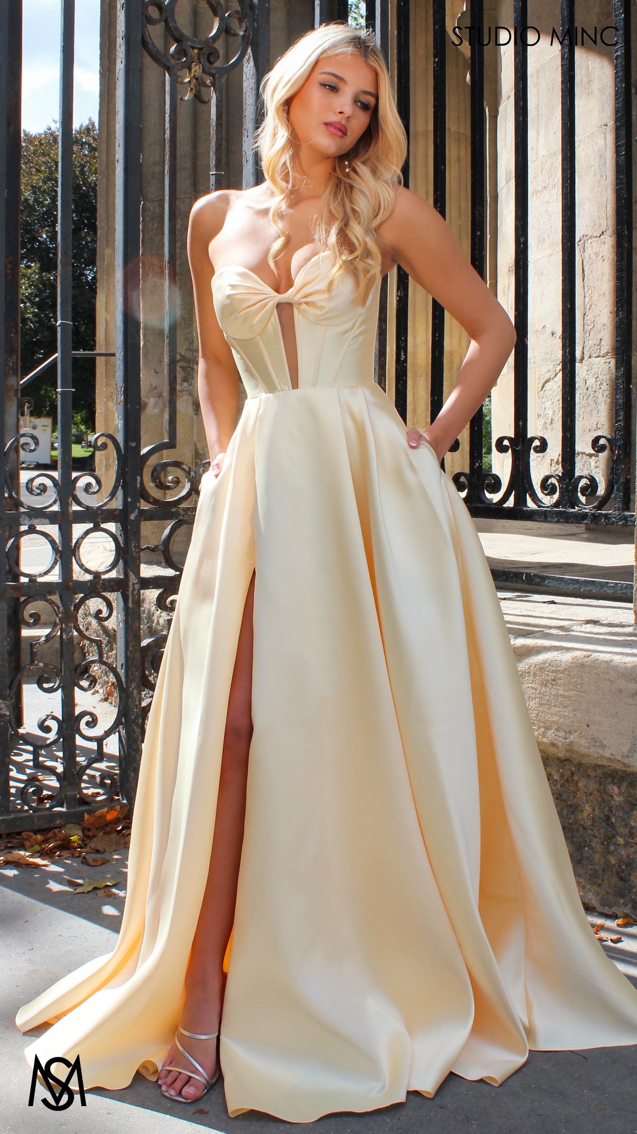 Madeleine - Butter Yellow formal Dress | Strapless twist corset Mikado satin ball gown