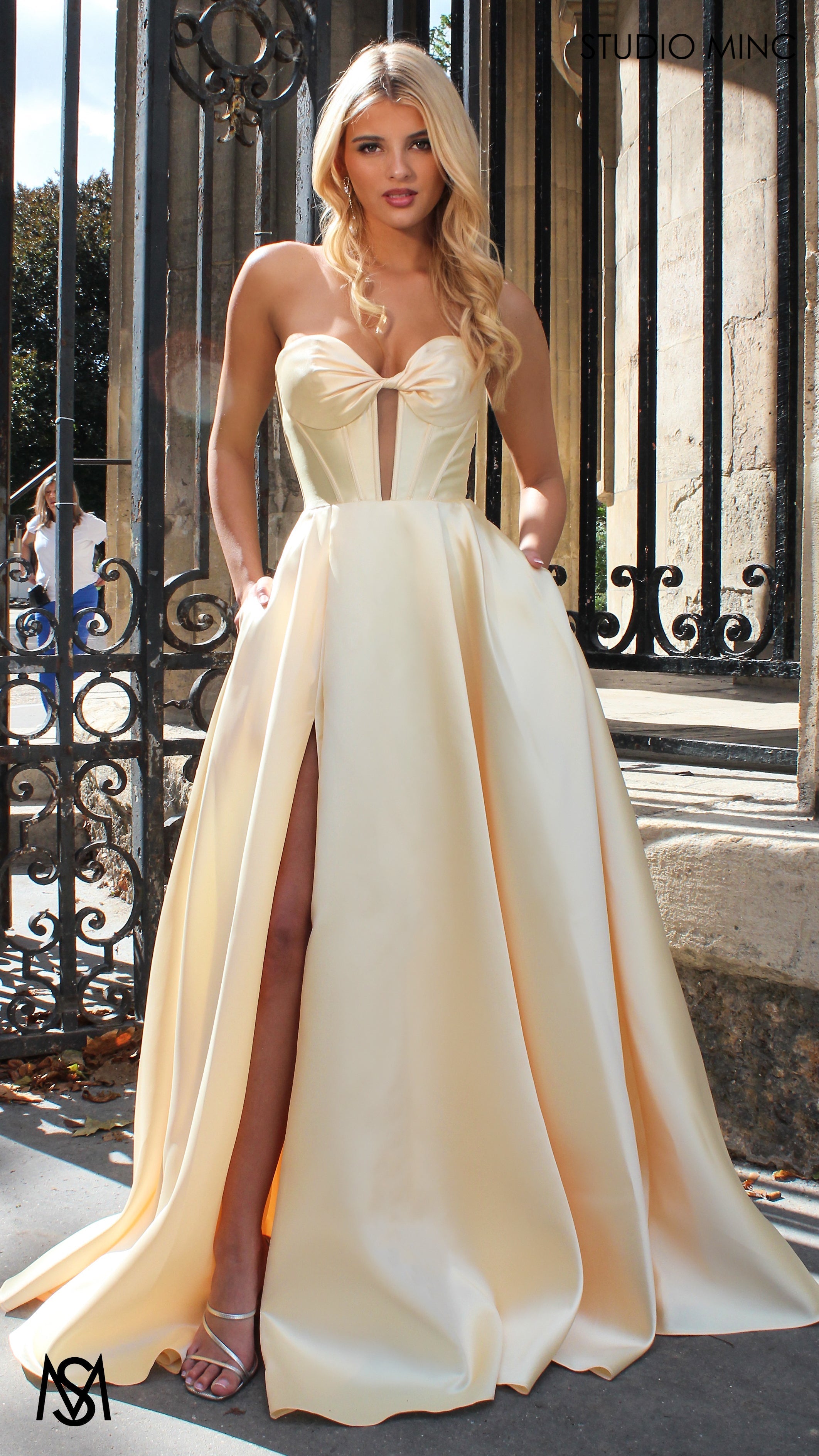 Madeleine - Butter Yellow formal Dress | Strapless twist corset Mikado satin ball gown