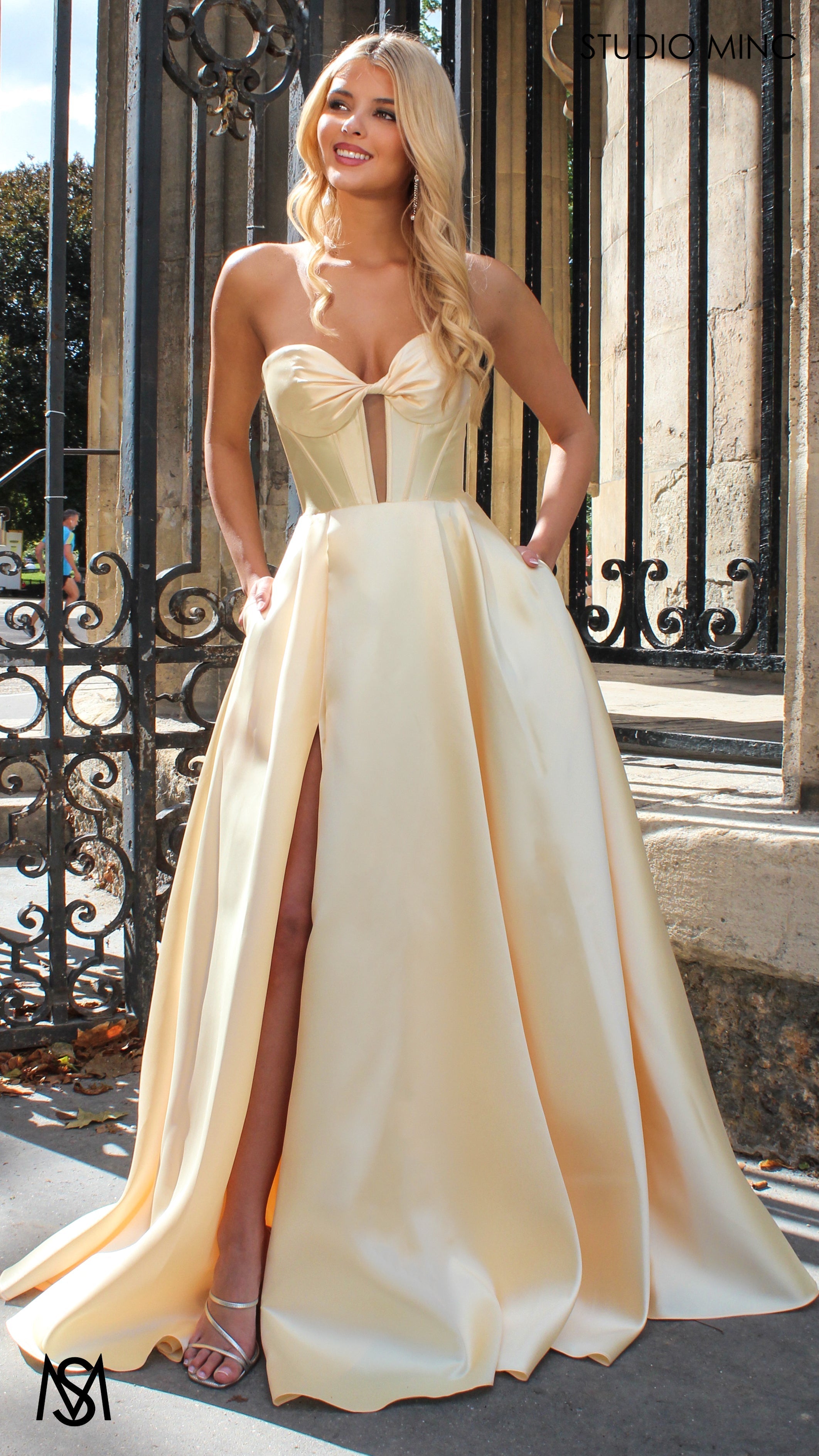 Madeleine - Butter Yellow formal Dress | Strapless twist corset Mikado satin ball gown