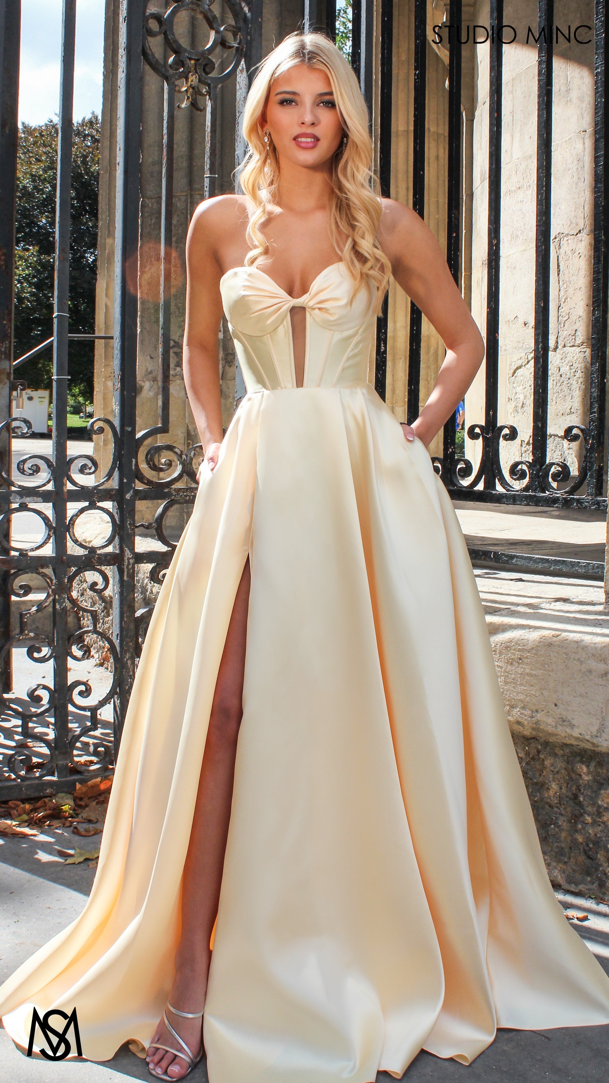 Madeleine - Butter Yellow formal Dress | Strapless twist corset Mikado satin ball gown