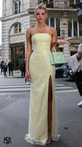 Merci - Butter Yellow Formal Dress, Strapless Corset Pearl and Sequin fitted leg slit