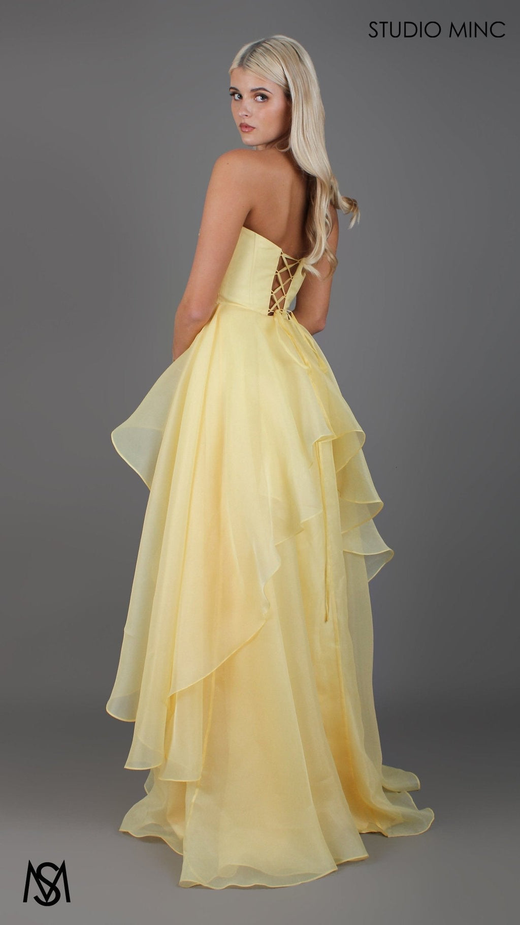 Monaco - Buttercup Yellow Formal Dress | Strapless Corset, organza layered handkerchief skirt, leg slit