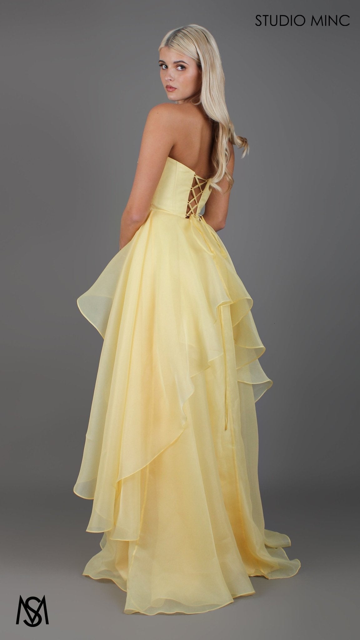 Monaco - Buttercup Yellow Formal Dress | Strapless Corset, organza layered handkerchief skirt, leg slit