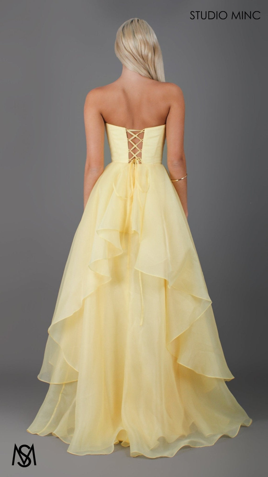 Monaco - Buttercup Yellow Formal Dress | Strapless Corset, organza layered handkerchief skirt, leg slit