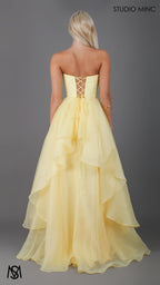 Monaco - Buttercup Yellow Formal Dress | Strapless Corset, organza layered handkerchief skirt, leg slit