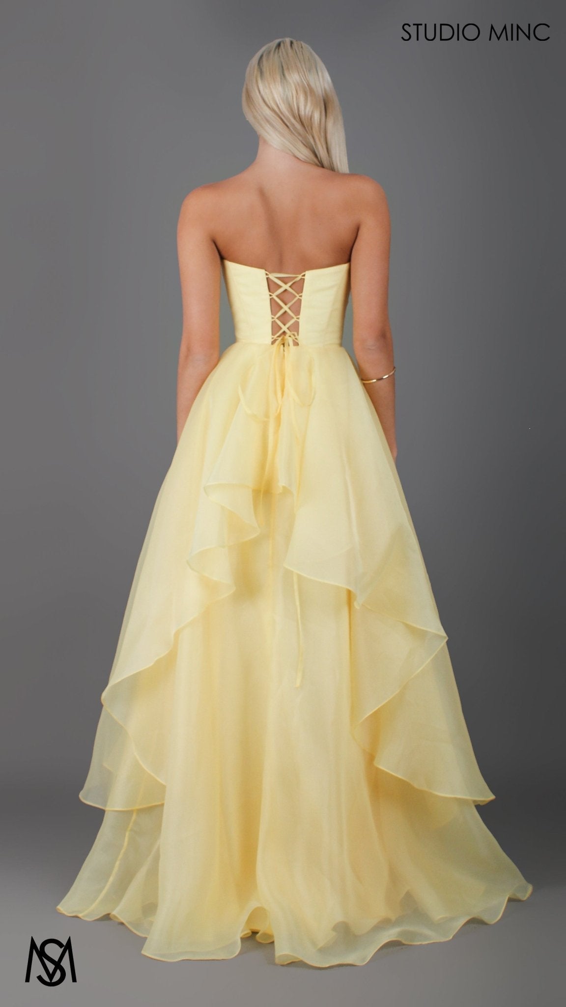 Monaco - Buttercup Yellow Formal Dress | Strapless Corset, organza layered handkerchief skirt, leg slit