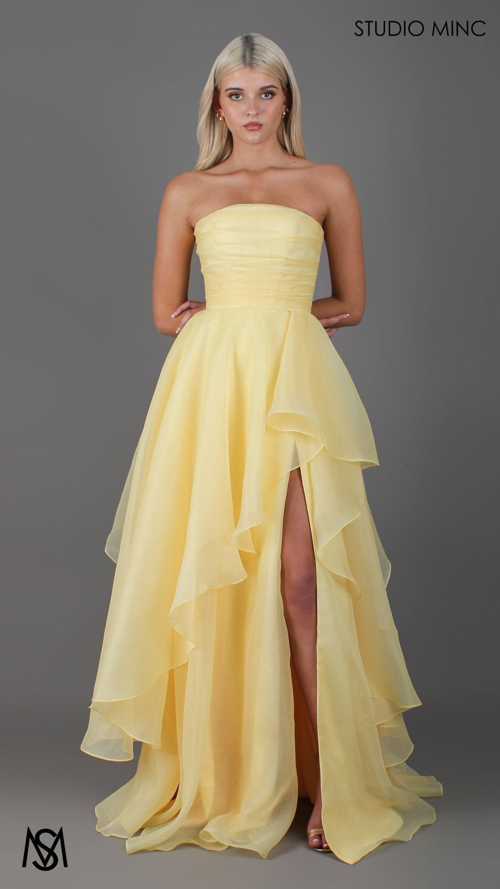 Monaco - Buttercup Yellow Formal Dress | Strapless Corset, organza layered handkerchief skirt, leg slit