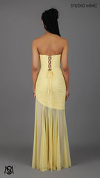 Paloma - Buttercup Yellow Formal Dress, Strapless Corset mermaid, Sheer net, with Scarf