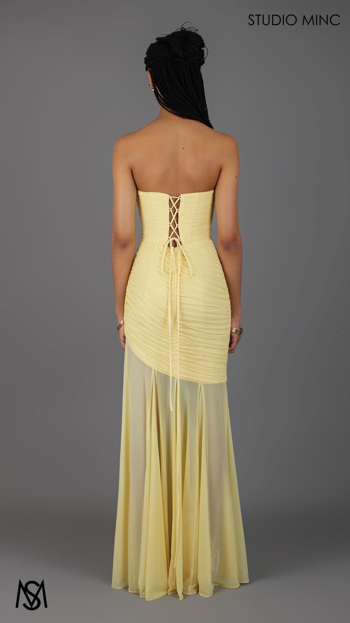Paloma - Buttercup Yellow Formal Dress, Strapless Corset mermaid, Sheer net, with Scarf