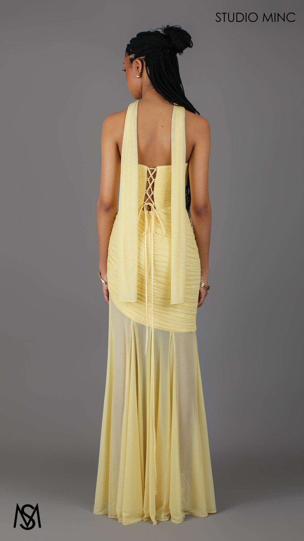 Paloma - Buttercup Yellow Formal Dress, Strapless Corset mermaid, Sheer net, with Scarf