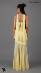 Paloma - Buttercup Yellow Formal Dress, Strapless Corset mermaid, Sheer net, with Scarf