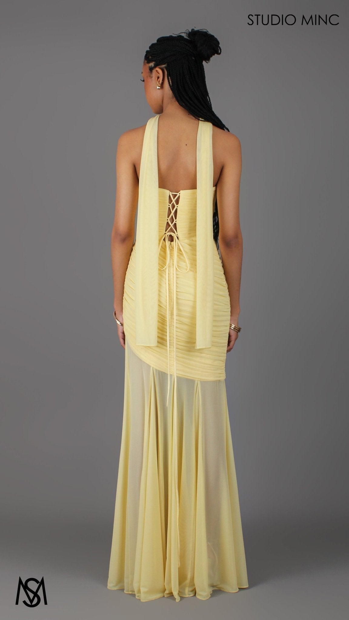 Paloma - Buttercup Yellow Formal Dress, Strapless Corset mermaid, Sheer net, with Scarf