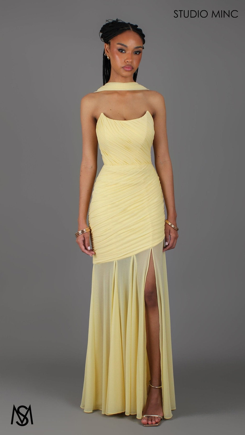 Paloma - Buttercup Yellow Formal Dress, Strapless Corset mermaid, Sheer net, with Scarf