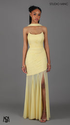 Paloma - Buttercup Yellow Formal Dress, Strapless Corset mermaid, Sheer net, with Scarf