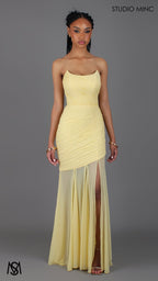 Paloma - Buttercup Yellow Formal Dress, Strapless Corset mermaid, Sheer net, with Scarf