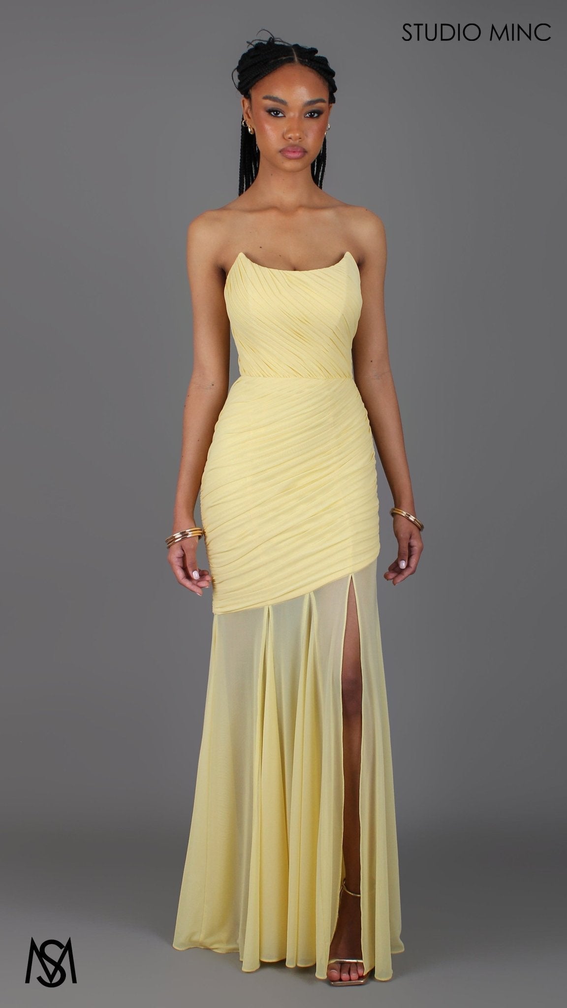 Paloma - Buttercup Yellow Formal Dress, Strapless Corset mermaid, Sheer net, with Scarf