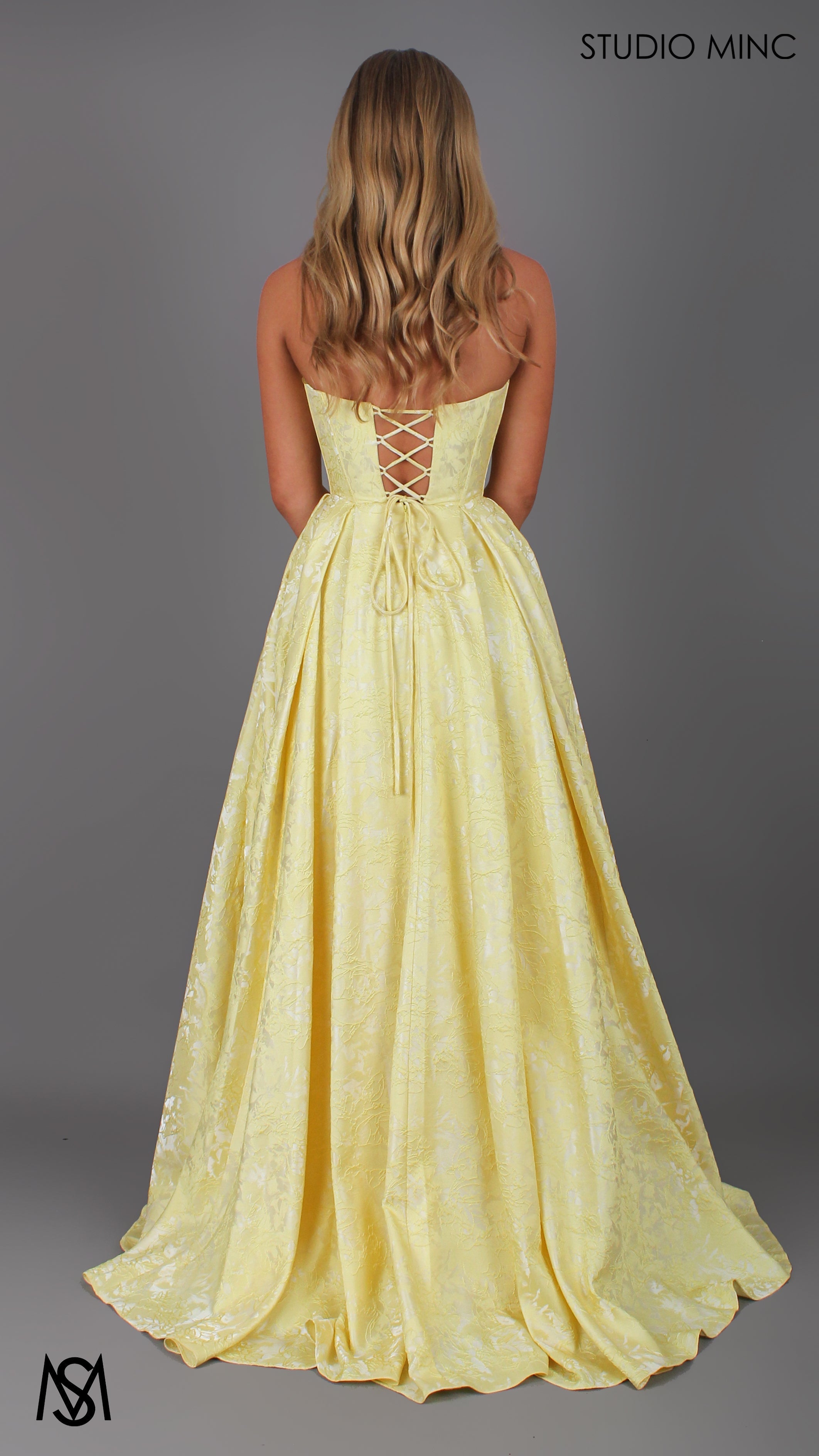 POSIE - Yellow Formal Dress, Strapless Basque waist Corset, Bra Cups, Satin embossed floral Gown