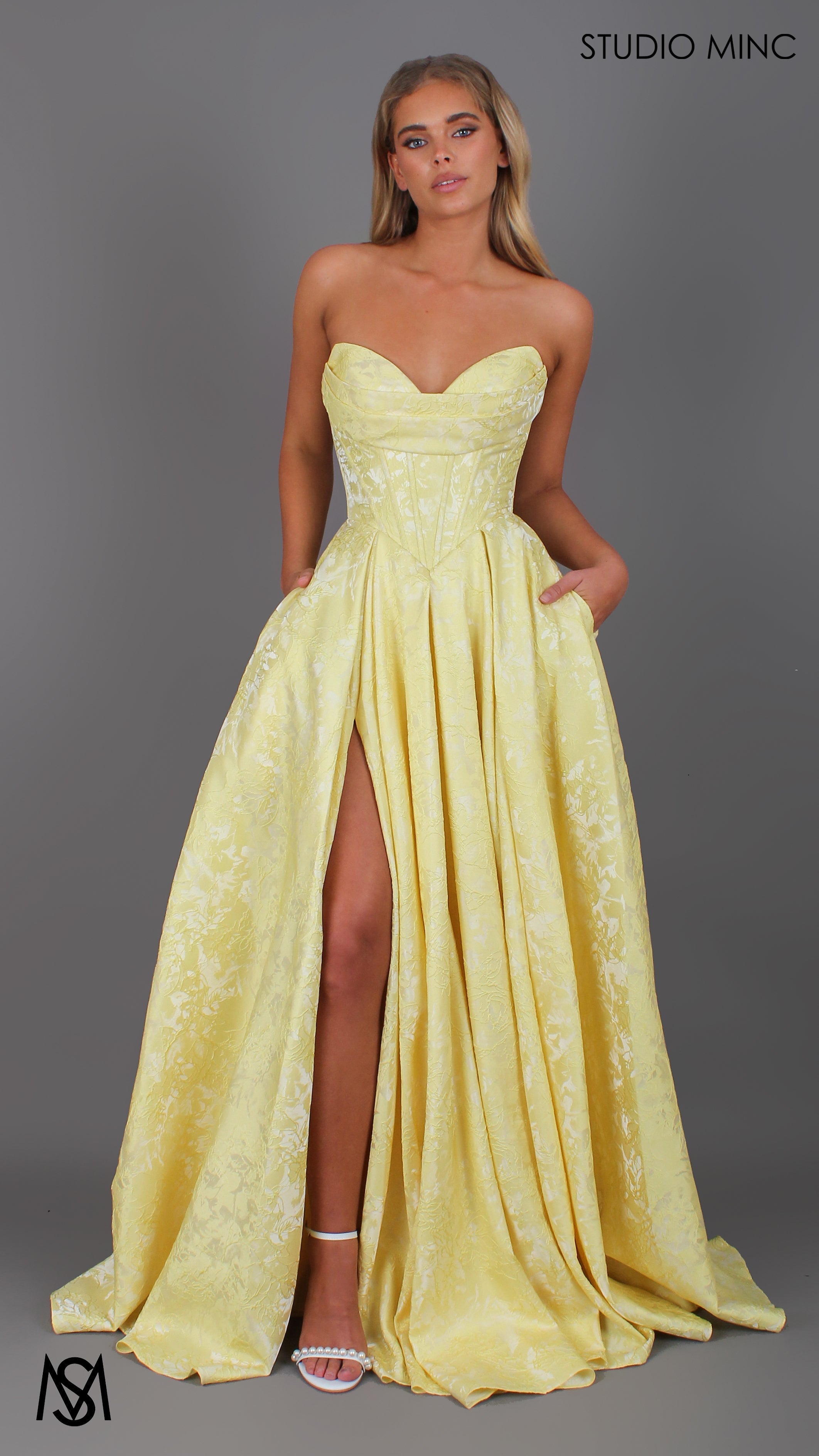 POSIE - Yellow Formal Dress, Strapless Basque waist Corset, Bra Cups, Satin embossed floral Gown
