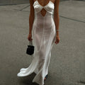 Zuma Mesh Cutout Lace Up White Maxi Dress