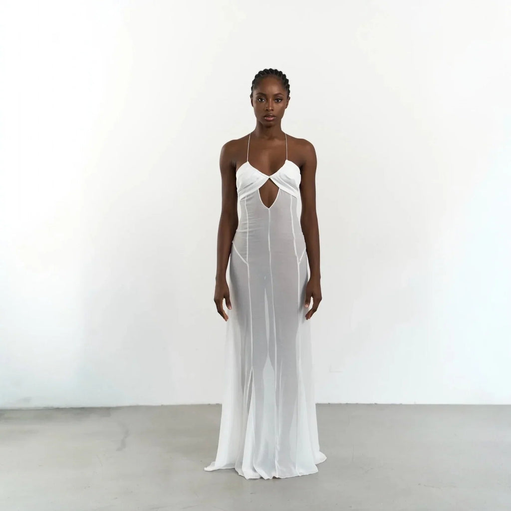 Zuma Mesh Cutout Lace Up White Maxi Dress