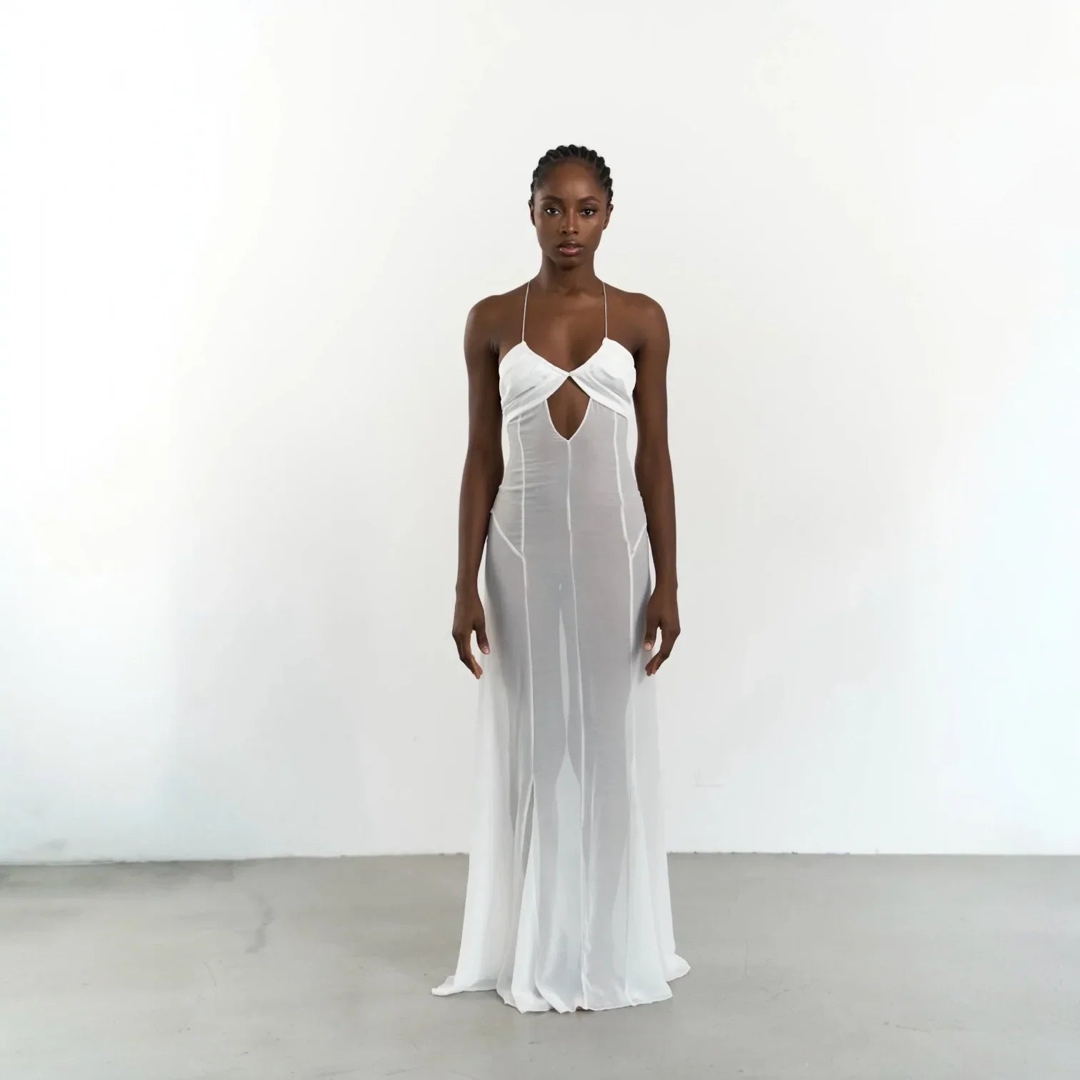 Zuma Mesh Cutout Lace Up White Maxi Dress