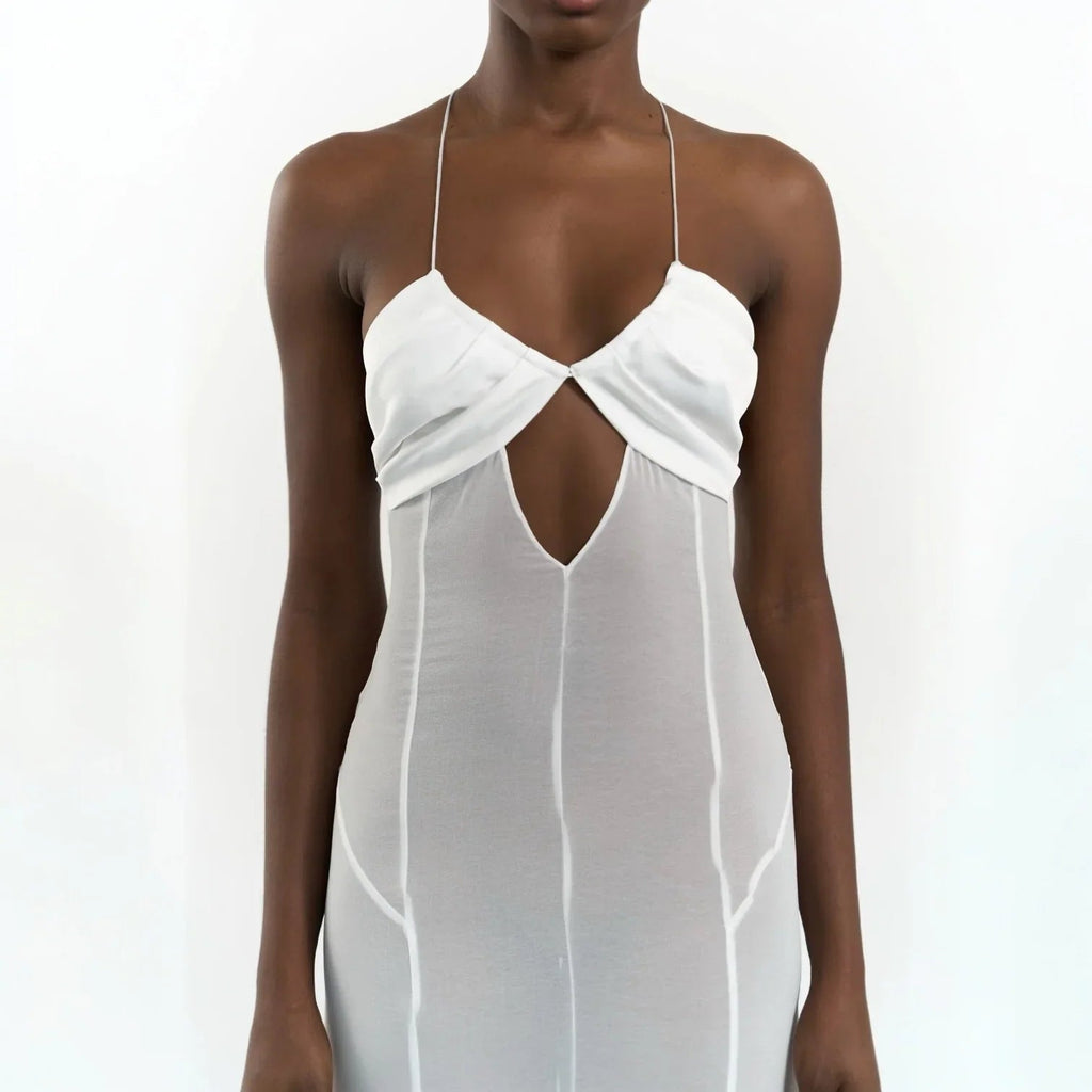 Zuma Mesh Cutout Lace Up White Maxi Dress