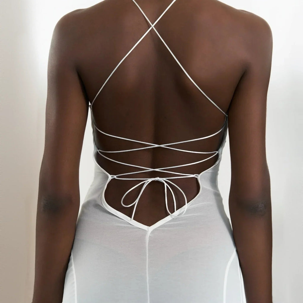 Zuma Mesh Cutout Lace Up White Maxi Dress
