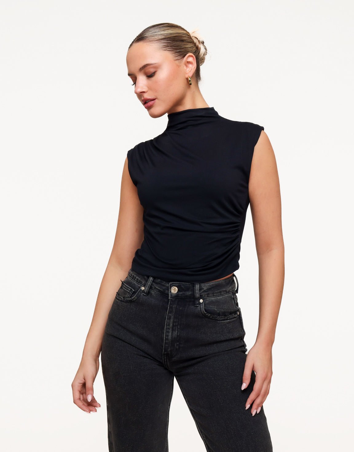 Zwarte Geplooide Col SS - Top