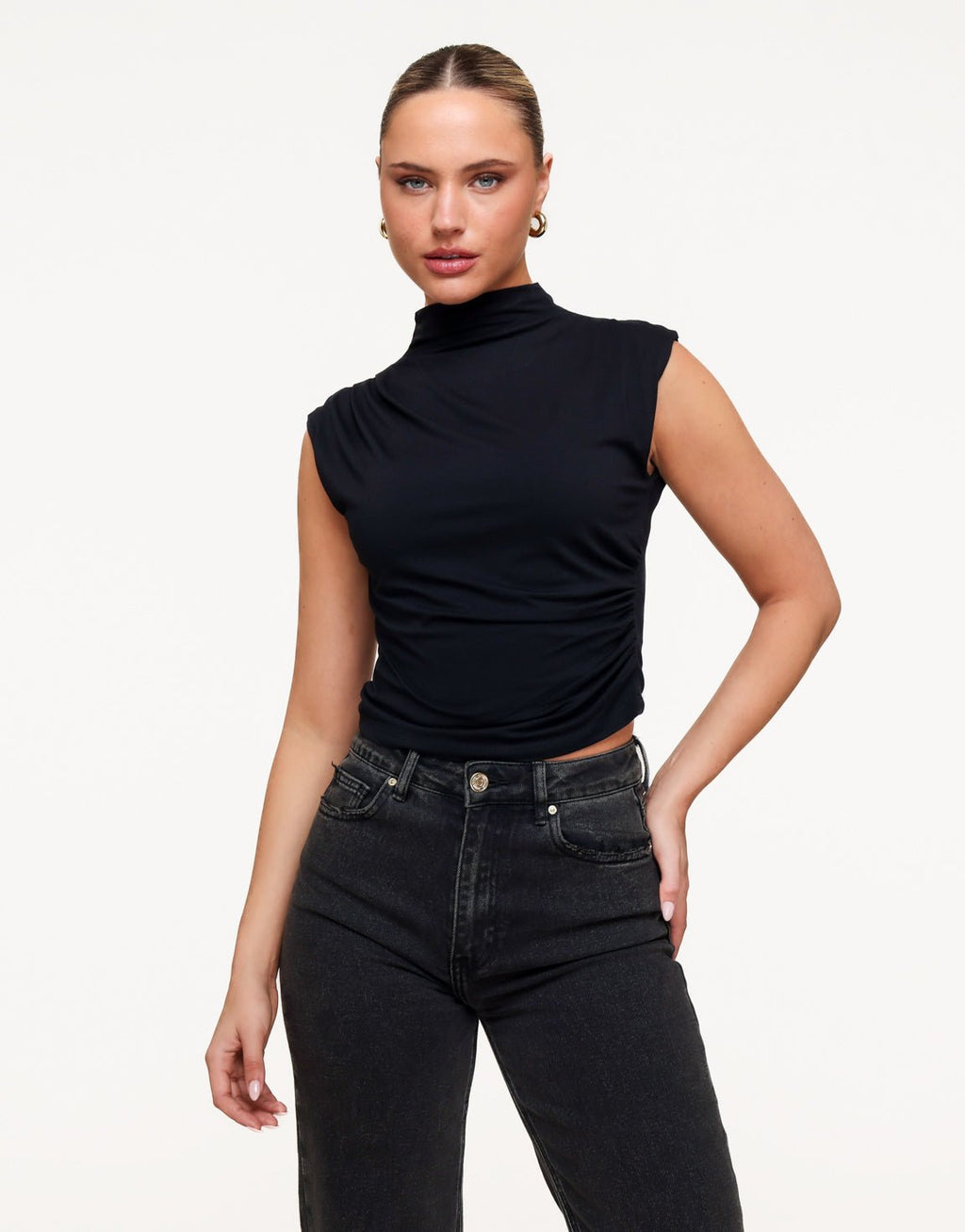 Zwarte Geplooide Col SS - Top