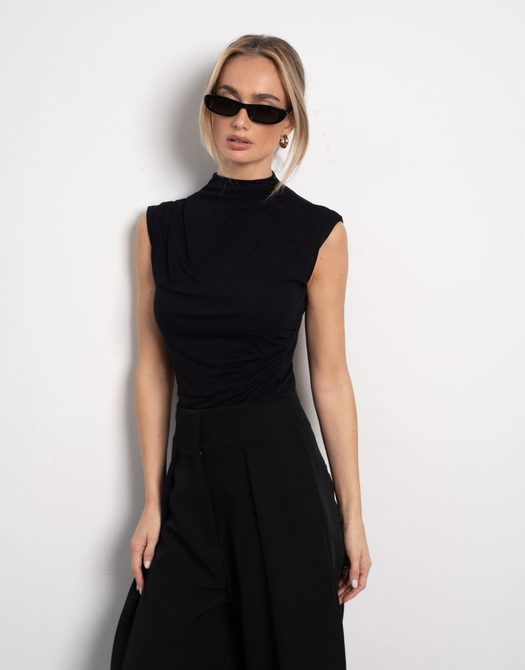Zwarte Geplooide Col SS - Top
