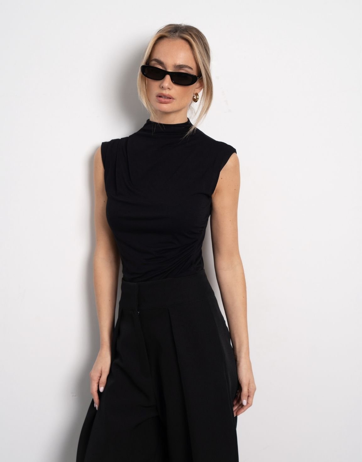 Zwarte Geplooide Col SS - Top